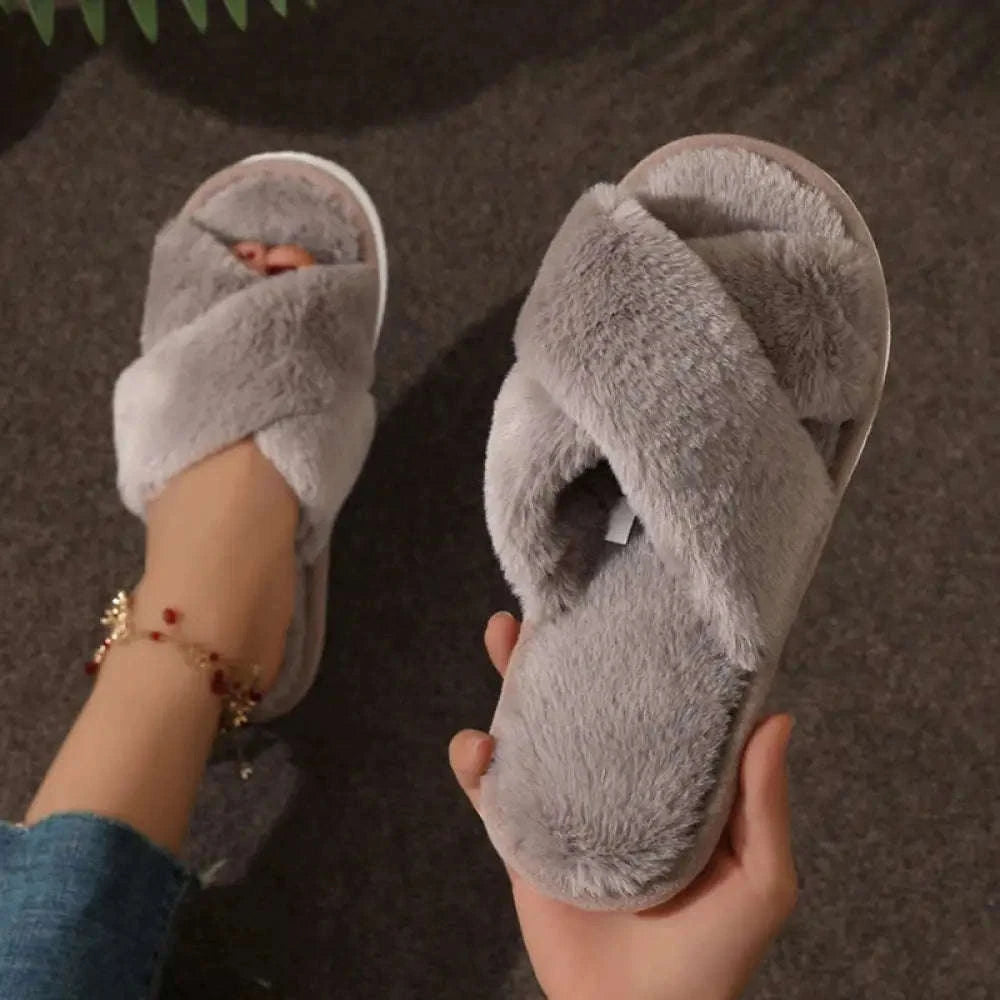 Fluffy slippers with crossed plush bands, open toe and memory foam footbed - view 6