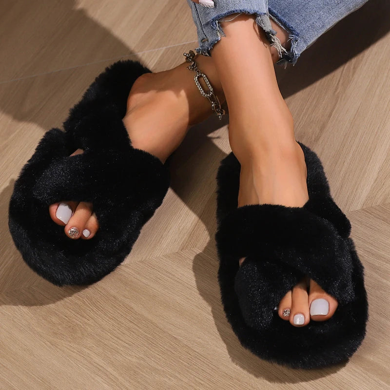 Fluffy slippers with crossed plush straps in a contrast colour on a black plush footbed - view 3