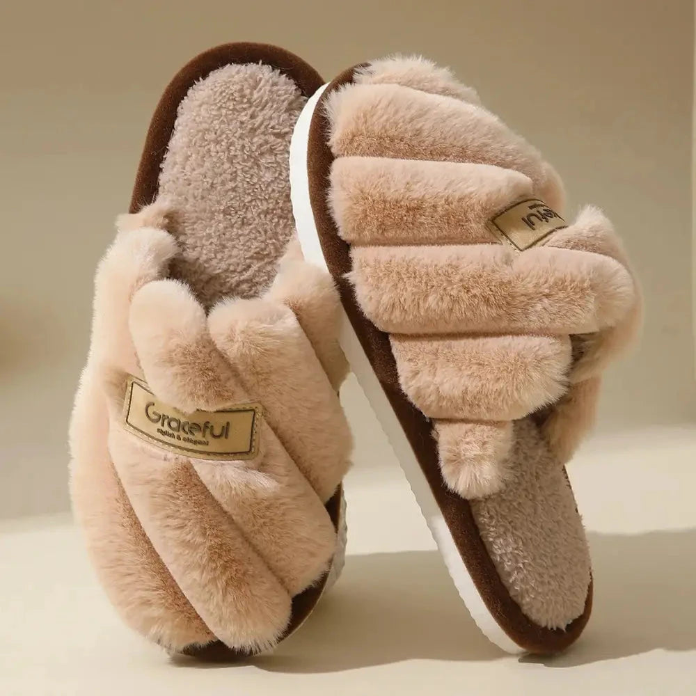 Fluffy slippers with crossover plush straps, teddy footbed and open heel - beige