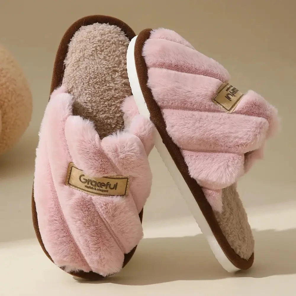 Fluffy slippers with crossover plush straps, teddy footbed and open heel - pink