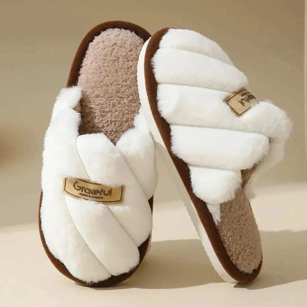 Fluffy slippers with crossover plush straps, teddy footbed and open heel - white