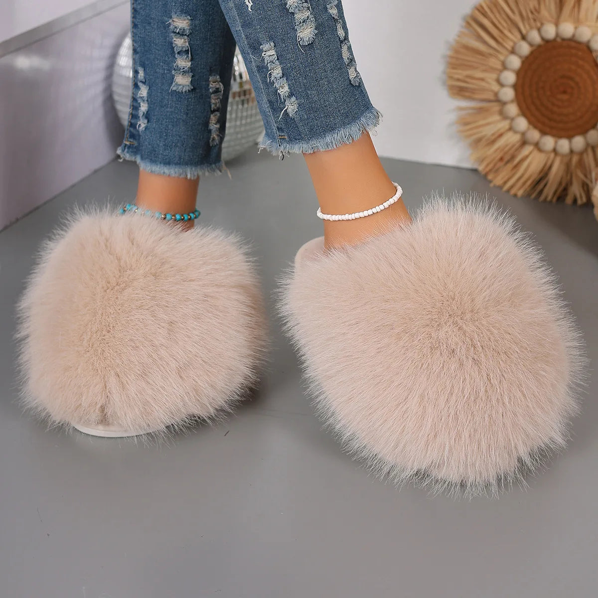 Fluffy slippers with a long faux fur upper, open back and rubber sole - beige