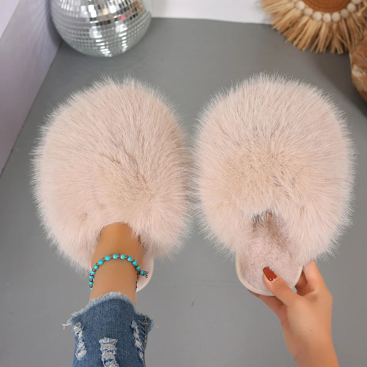 Fluffy slippers with a long faux fur upper, open back and rubber sole - view 3