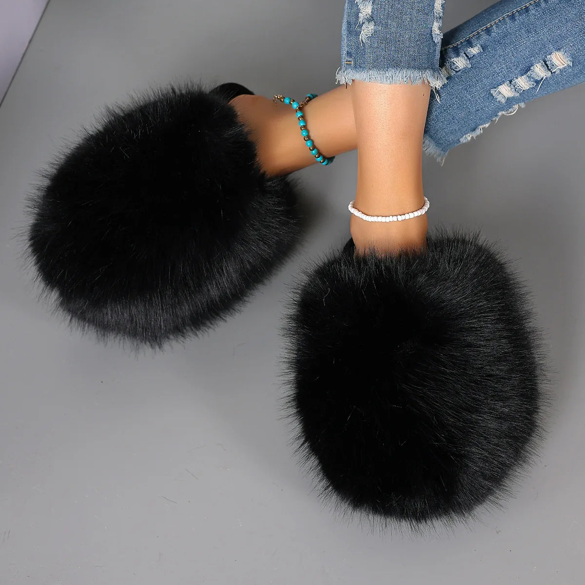 Fluffy slippers with a long faux fur upper, open back and rubber sole - view 4