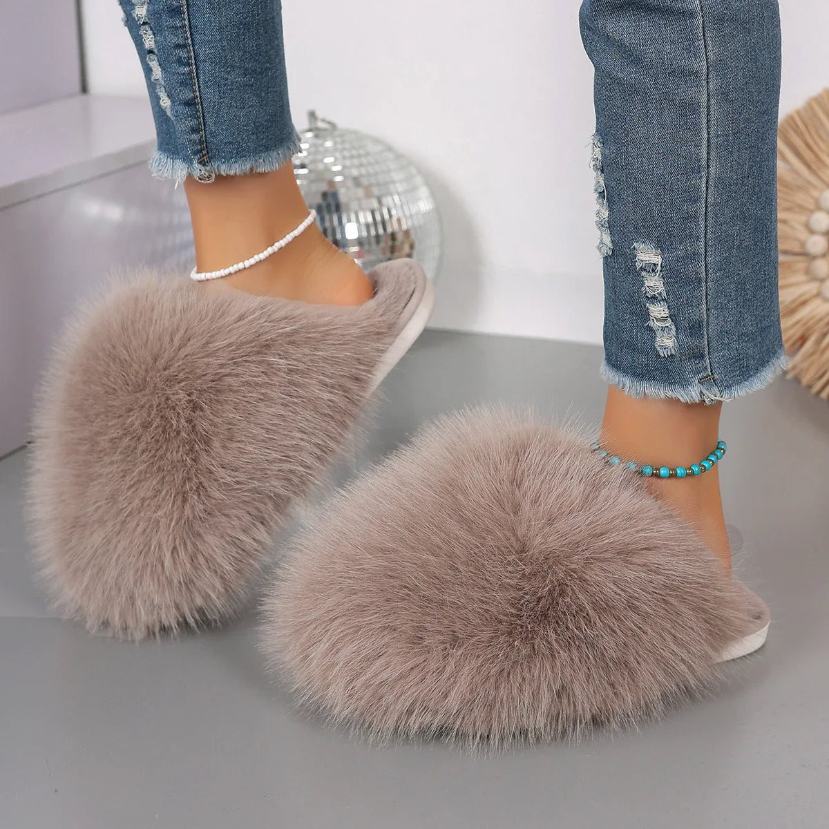 Fluffy slippers with a long faux fur upper, open back and rubber sole - view 5