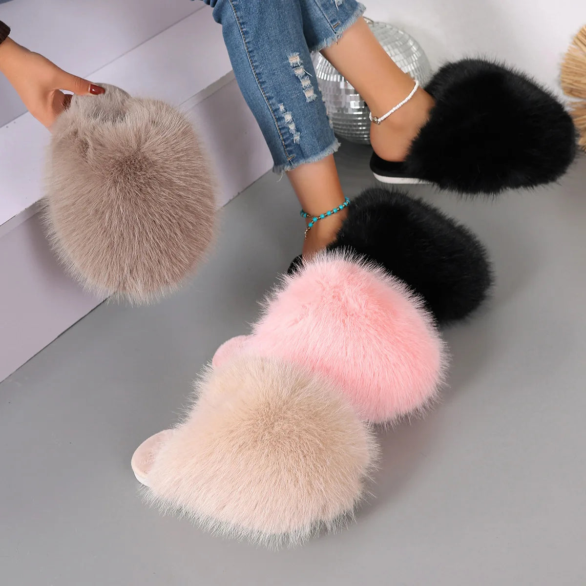 Fluffy slippers with a long faux fur upper, open back and rubber sole - view 8