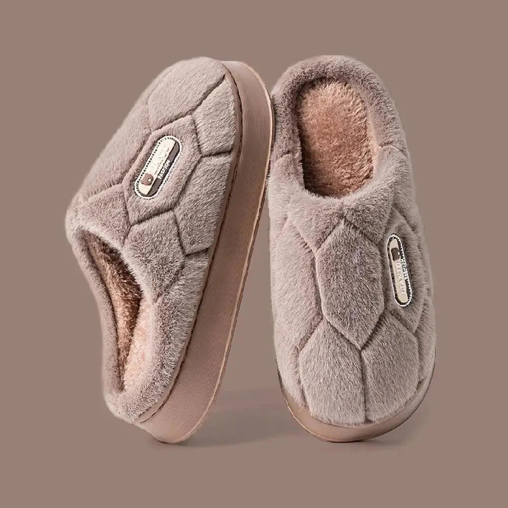Fluffy slippers with a quilted honeycomb plush upper, open heel and EVA sole - taupe