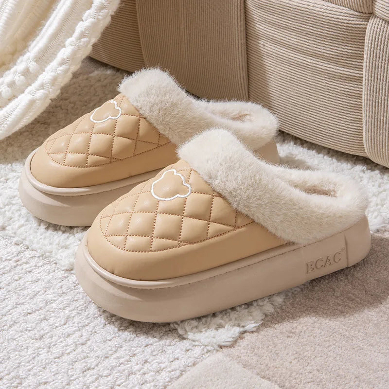 Fluffy mule slippers with a quilted faux leather upper, wide plush cuff and thick EVA sole - camel / white cuff