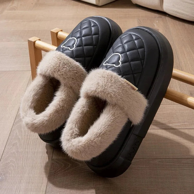 Fluffy mule slippers with a quilted faux leather upper, wide plush cuff and thick EVA sole - black / taupe cuff