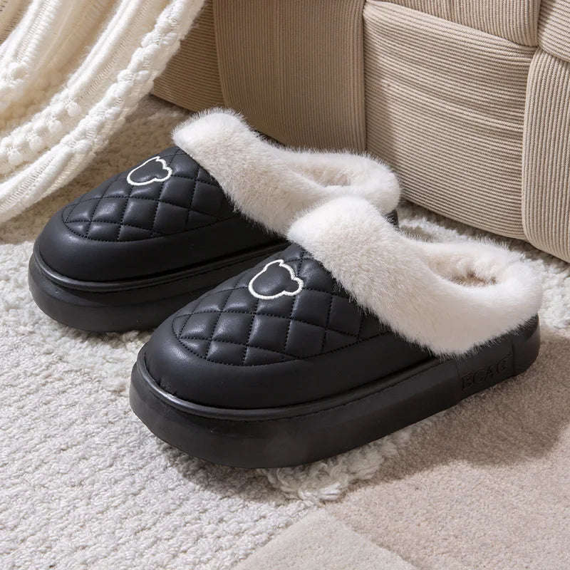 Fluffy mule slippers with a quilted faux leather upper, wide plush cuff and thick EVA sole - black / white cuff