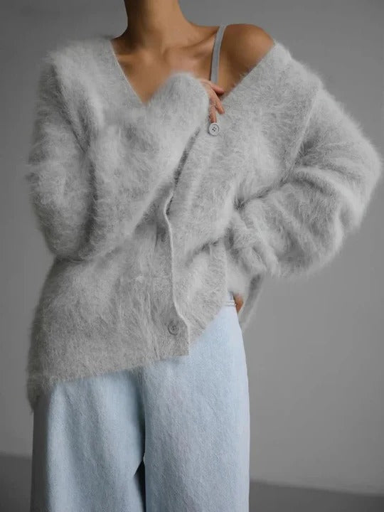 Women's fluffy oversized cardigan with a deep V-neck and button front - light grey