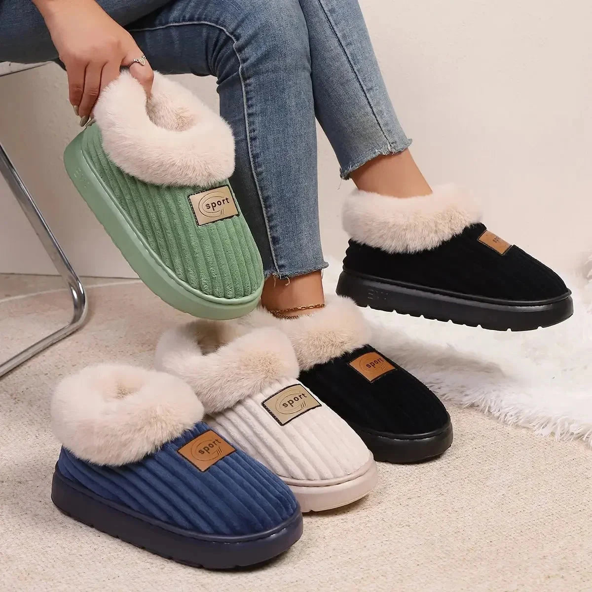 Fluffy slippers with a platform sole, ribbed upper and plush cuff over the ankle - view 2