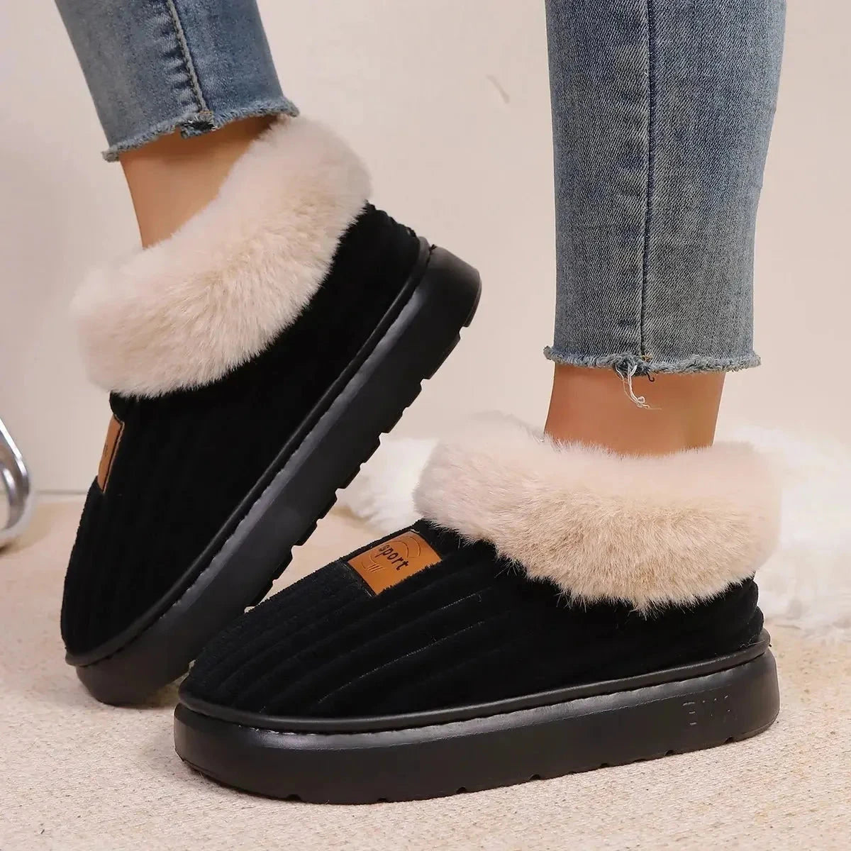 Fluffy slippers with a platform sole, ribbed upper and plush cuff over the ankle - view 3