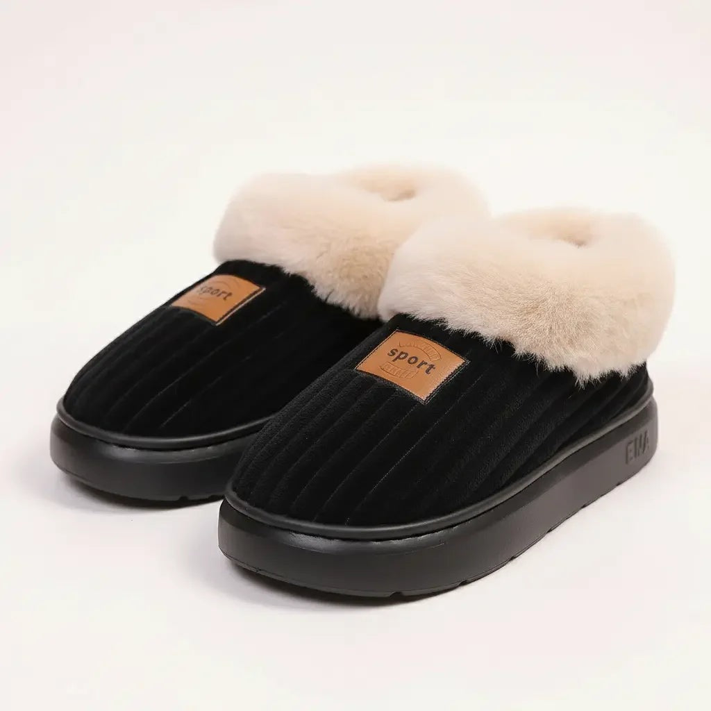 Fluffy slippers with a platform sole, ribbed upper and plush cuff over the ankle - black