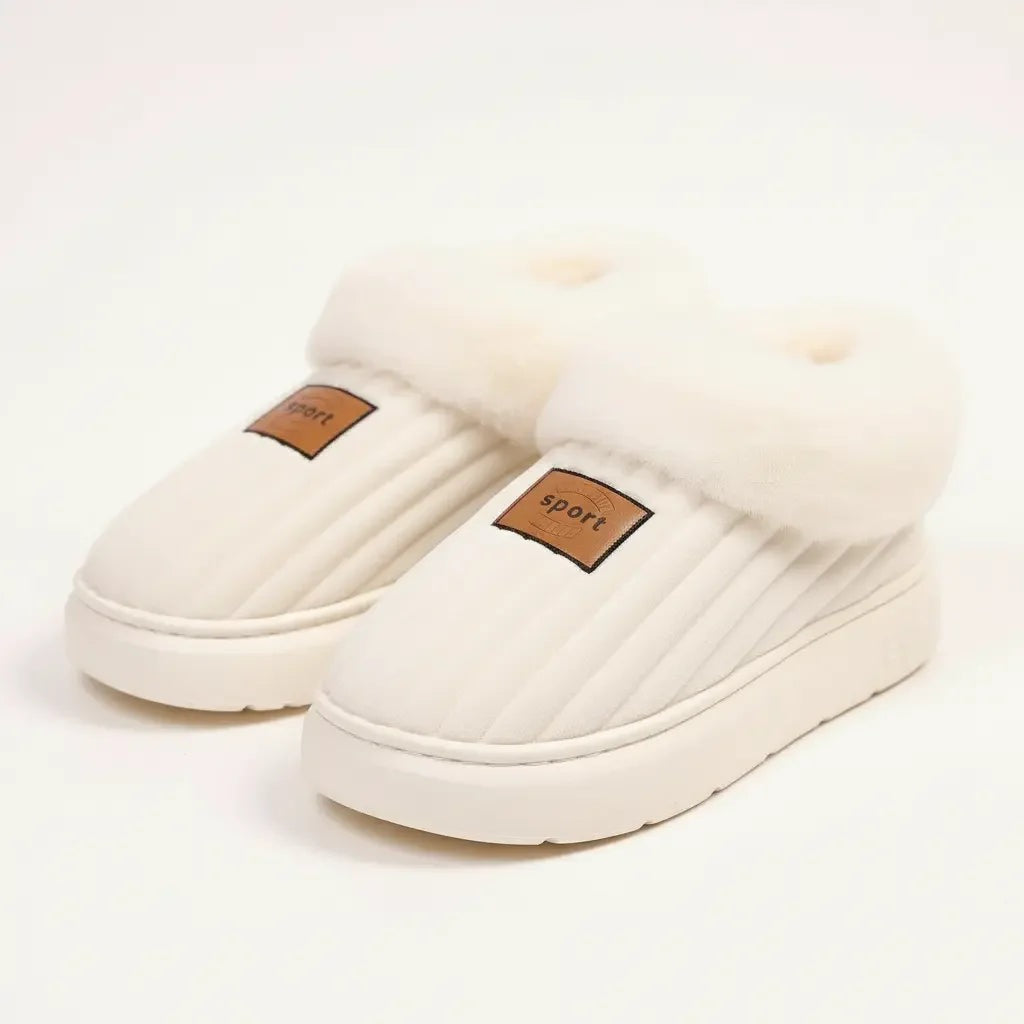 Fluffy slippers with a platform sole, ribbed upper and plush cuff over the ankle - beige