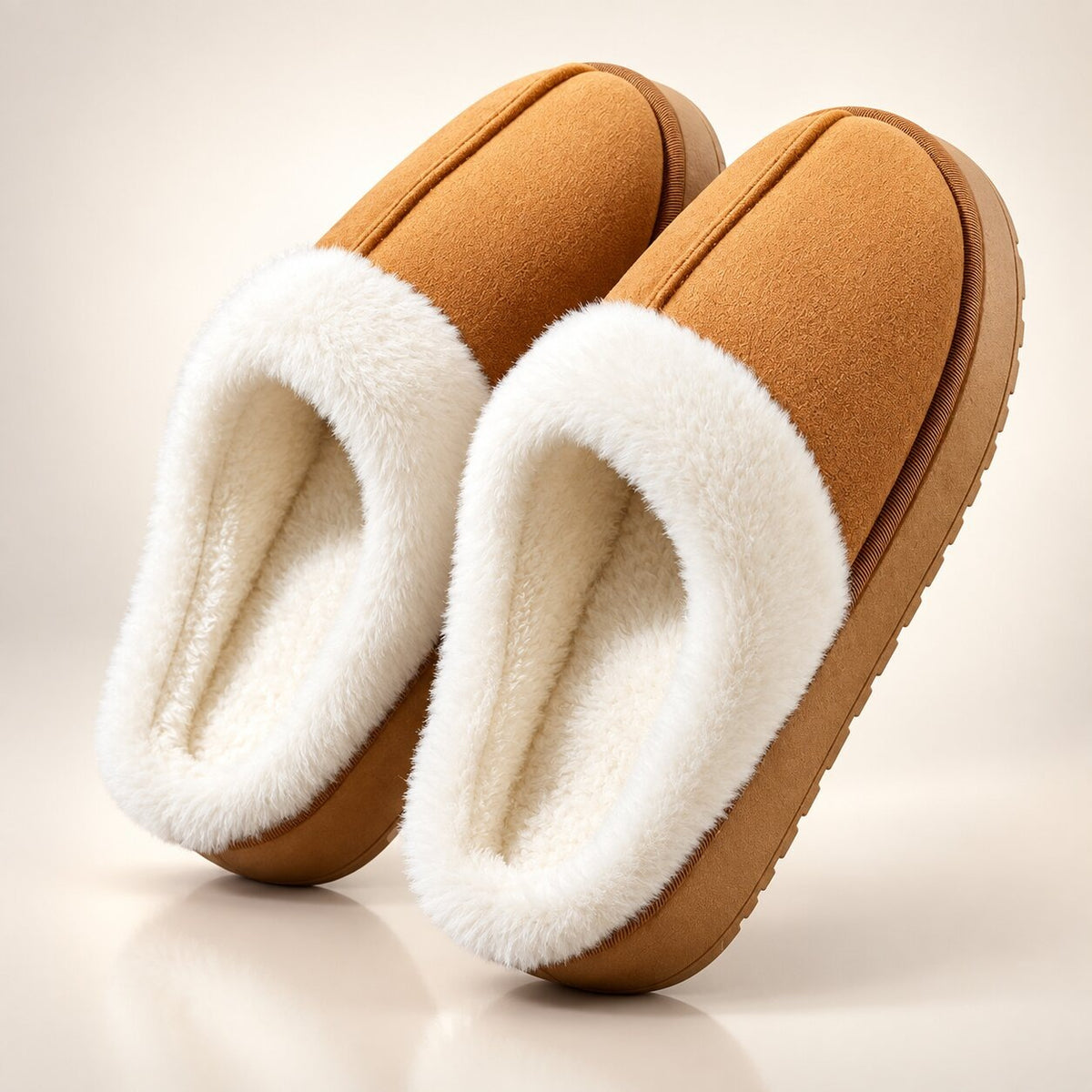 Fluffy platform slippers with a wide plush collar and open back - camel