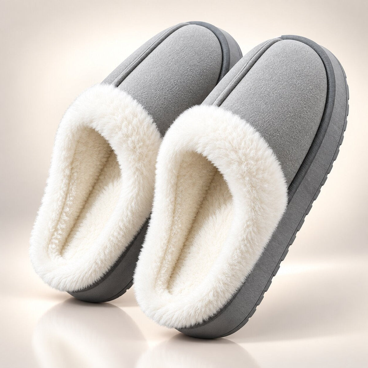 Fluffy platform slippers with a wide plush collar and open back - grey