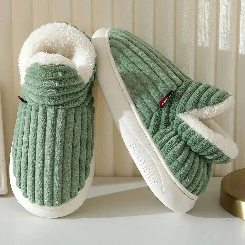 Fluffy slippers in wide-ribbed plush with a fold-over teddy collar - view 3