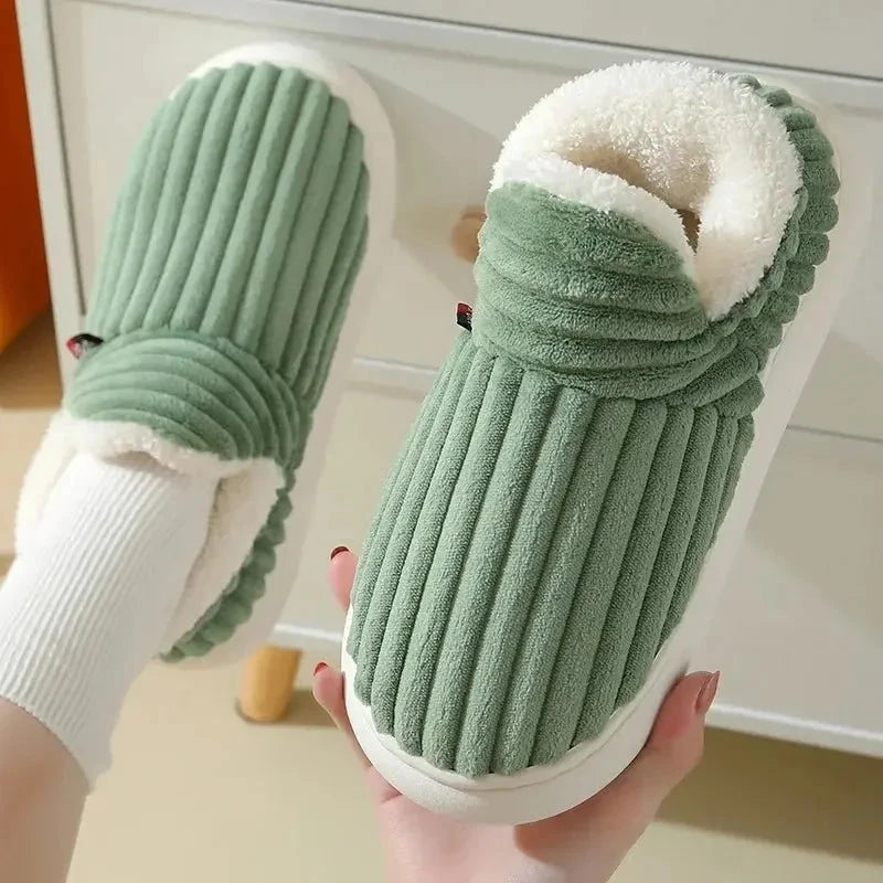 Fluffy slippers in wide-ribbed plush with a fold-over teddy collar - view 5