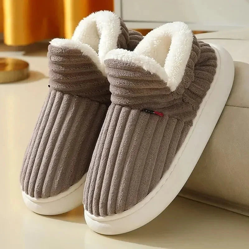 Fluffy slippers in wide-ribbed plush with a fold-over teddy collar - taupe