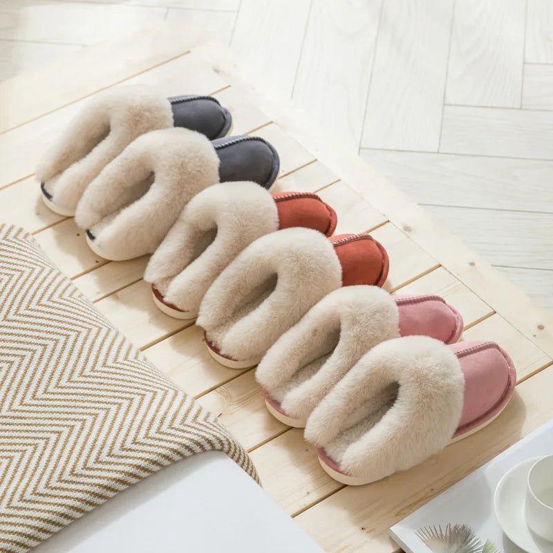 Fluffy scuff slippers in suede look with a wide plush collar and open back - view 2