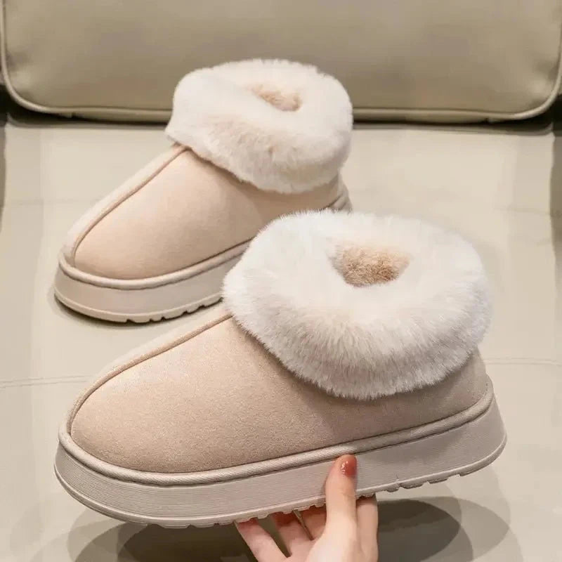 Fluffy slippers in a suede look with a fold-over plush cuff and platform sole - beige