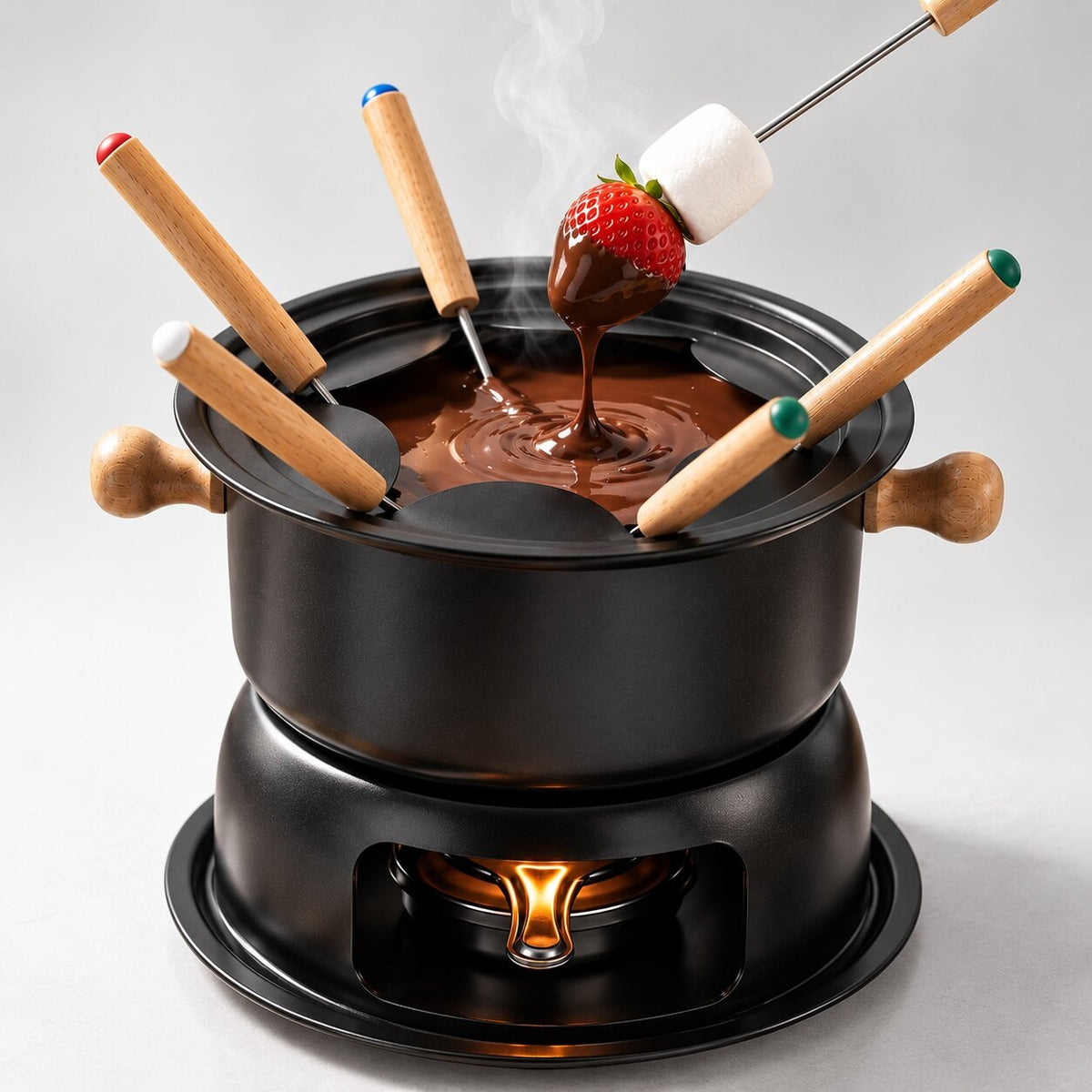 Fondue set with a steel pot, burner and 6 forks