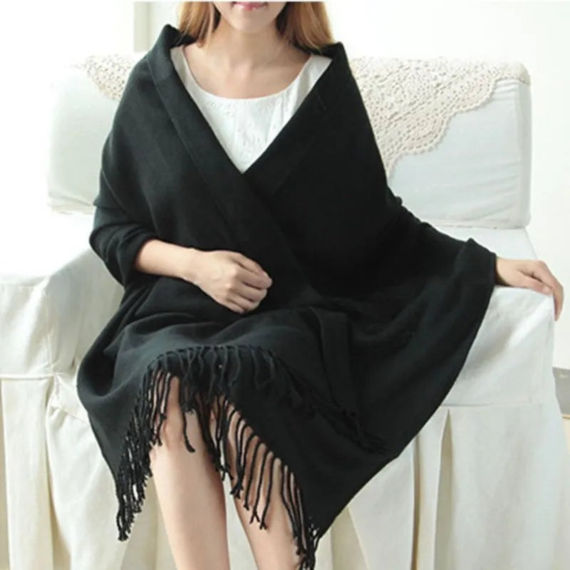 Women's large woven wrap scarf with a fringe at both ends - black