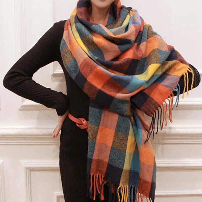Women's large woven wrap scarf with a fringe at both ends - orange and blue check