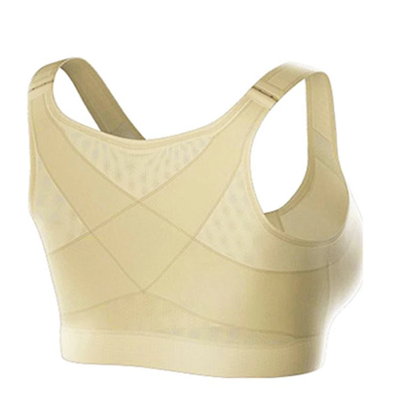 Front-closure bra with crossback panels, mesh inserts and wide straps - nude