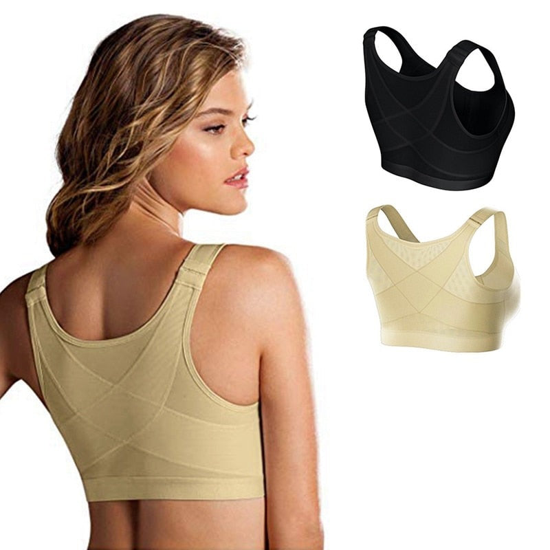 Front-closure bra with crossback panels, mesh inserts and wide straps