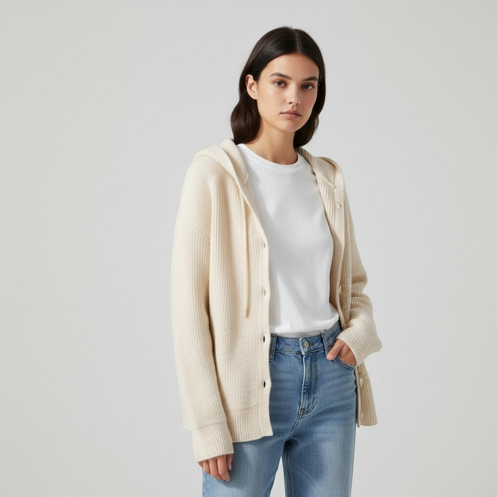 Soft hooded knit cardigan with a button front and dropped shoulders