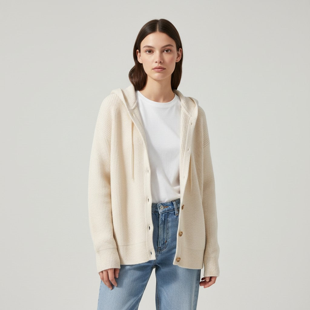 Soft hooded knit cardigan with a button front and dropped shoulders in cream