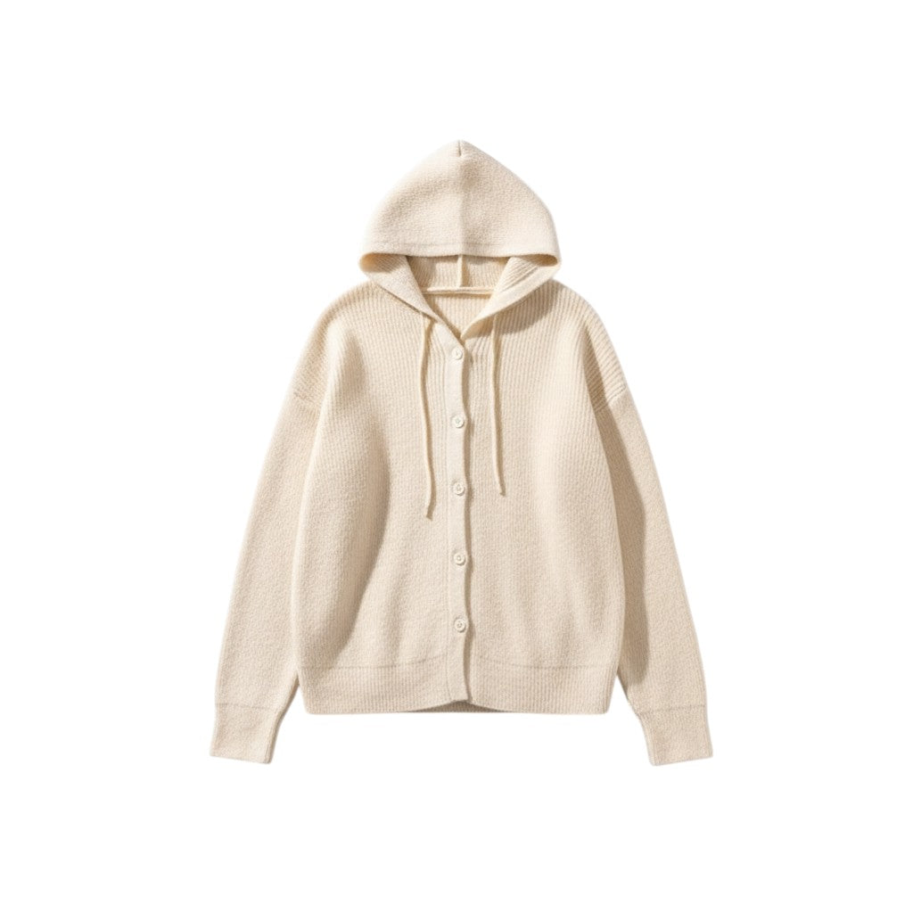 Soft hooded knit cardigan with a button front and dropped shoulders