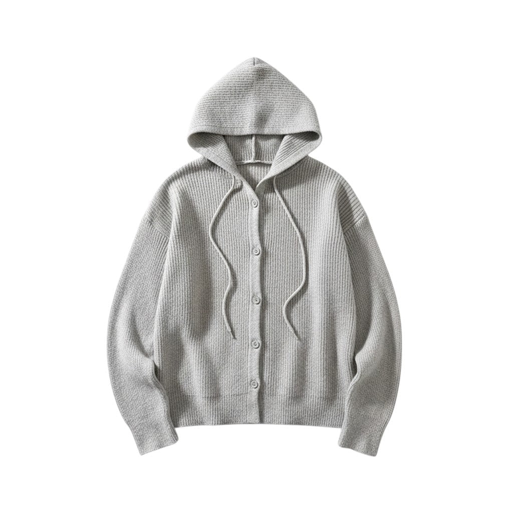 Soft hooded knit cardigan with a button front and dropped shoulders
