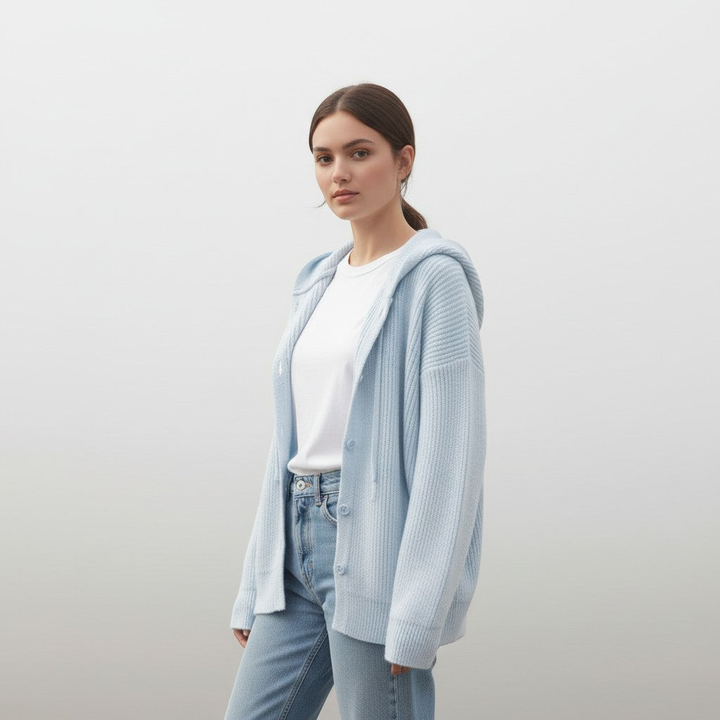 Soft hooded knit cardigan with a button front and dropped shoulders