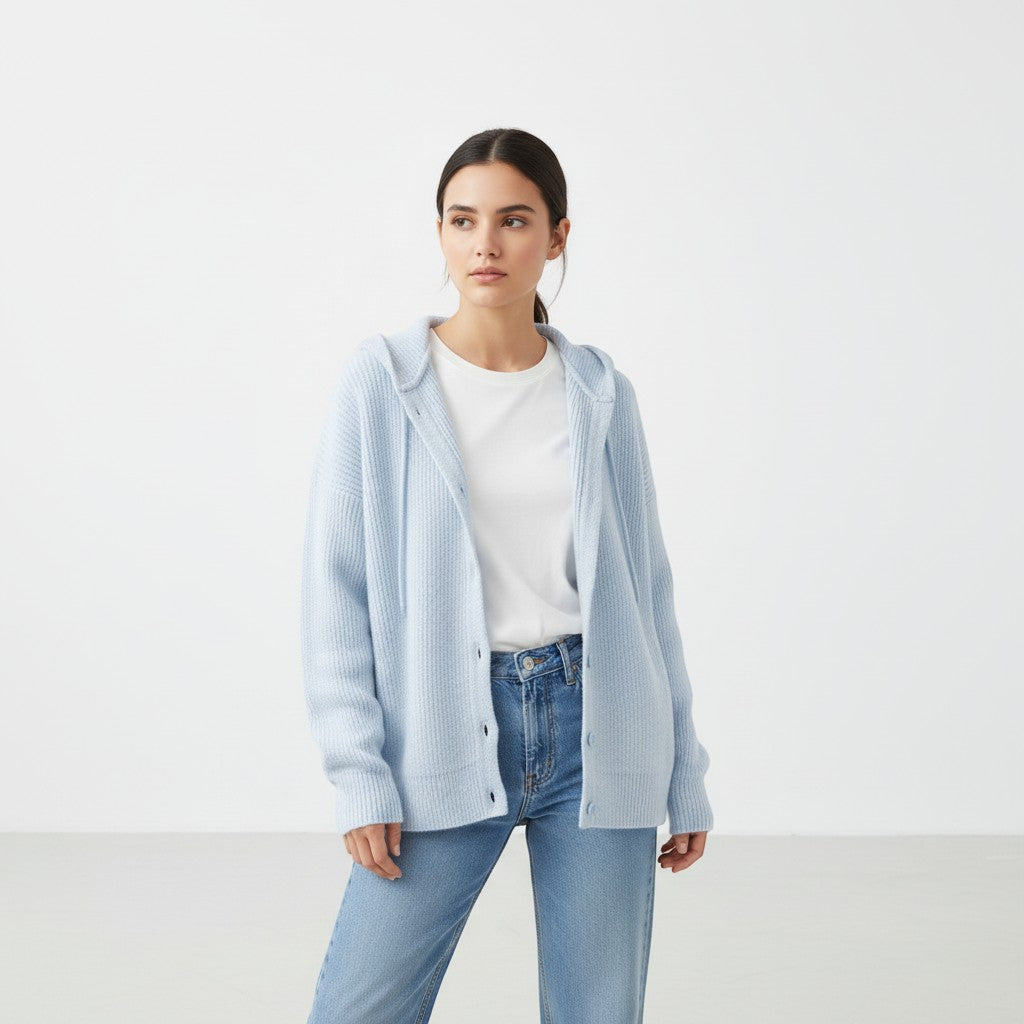 Soft hooded knit cardigan with a button front and dropped shoulders