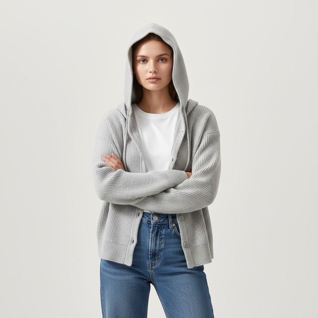 Soft hooded knit cardigan with a button front and dropped shoulders