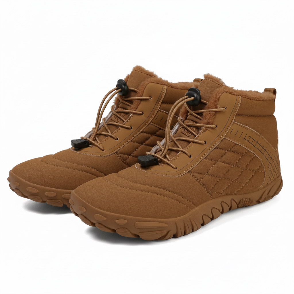 Unisex barefoot winter shoes with elastic laces and a wide toe box in camel