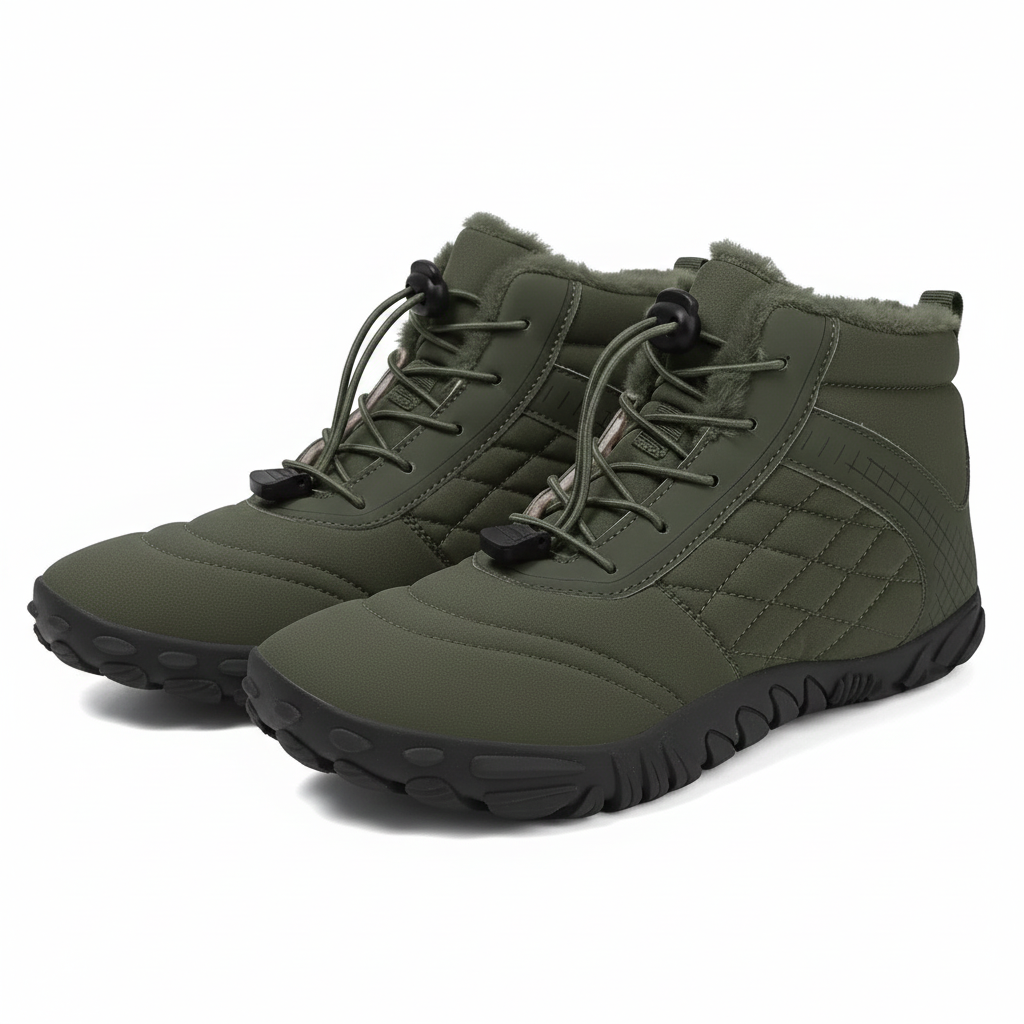 Unisex barefoot winter shoes with elastic laces and a wide toe box in olive