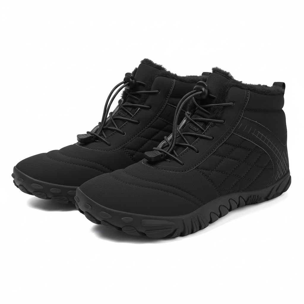 Unisex barefoot winter shoes with elastic laces and a wide toe box in black