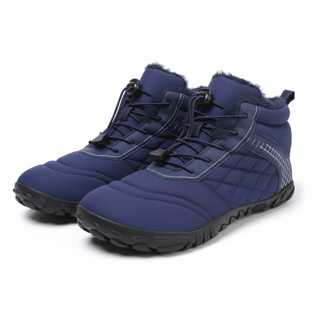 Unisex barefoot winter shoes with elastic laces and a wide toe box in navy