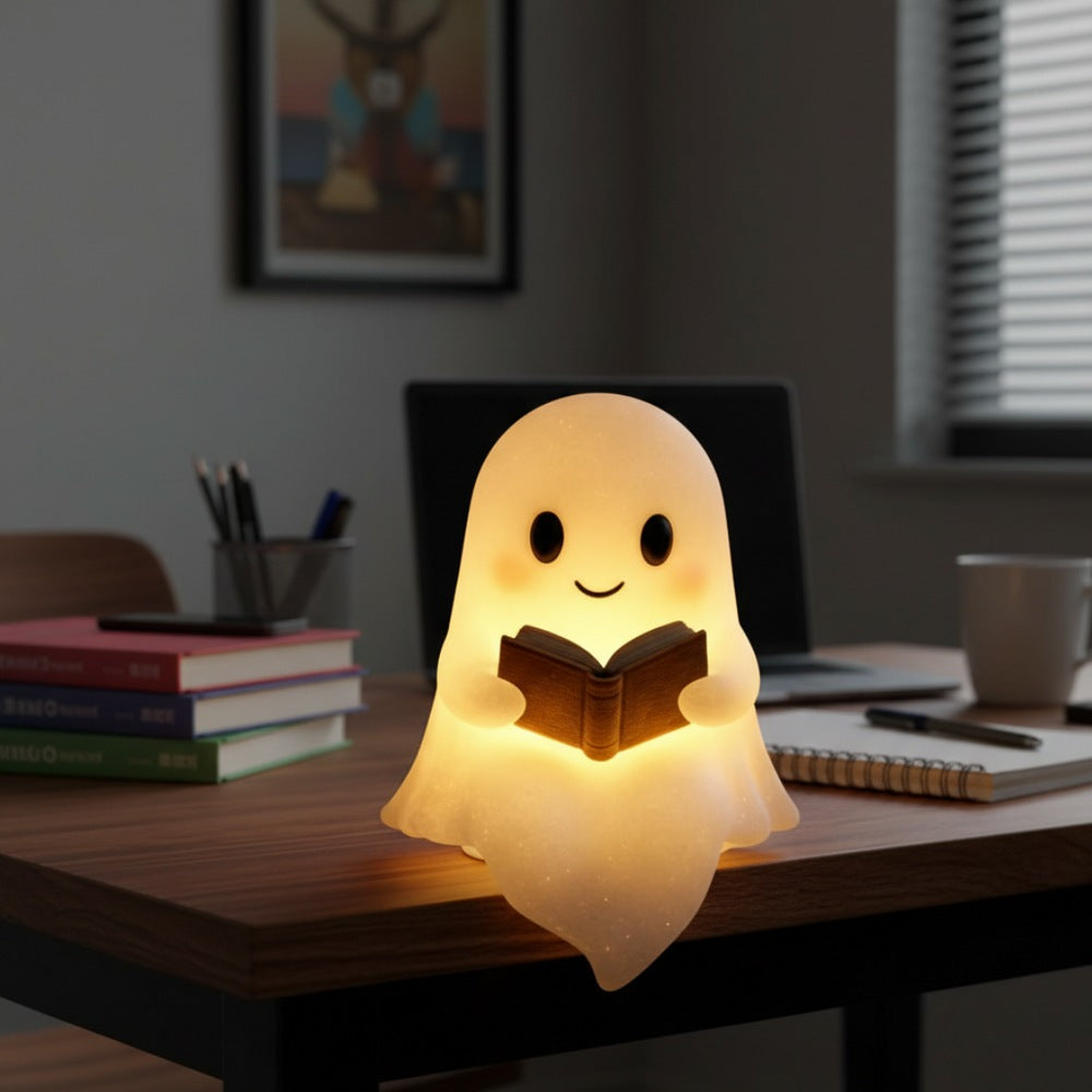 White ghost lamp with black eyes and pink cheeks holding an open brown book, glowing warm yellow