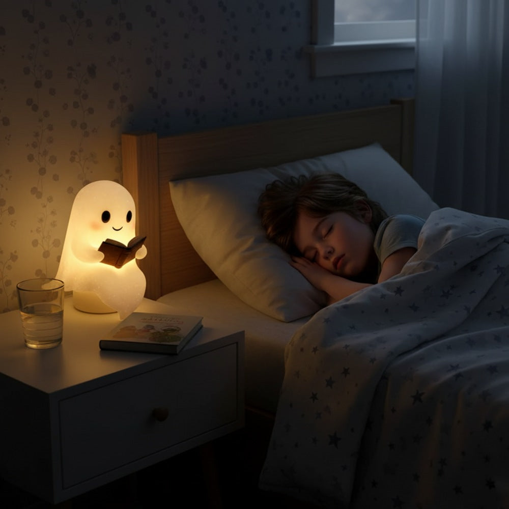 White ghost lamp with black eyes and pink cheeks holding an open brown book, glowing warm yellow