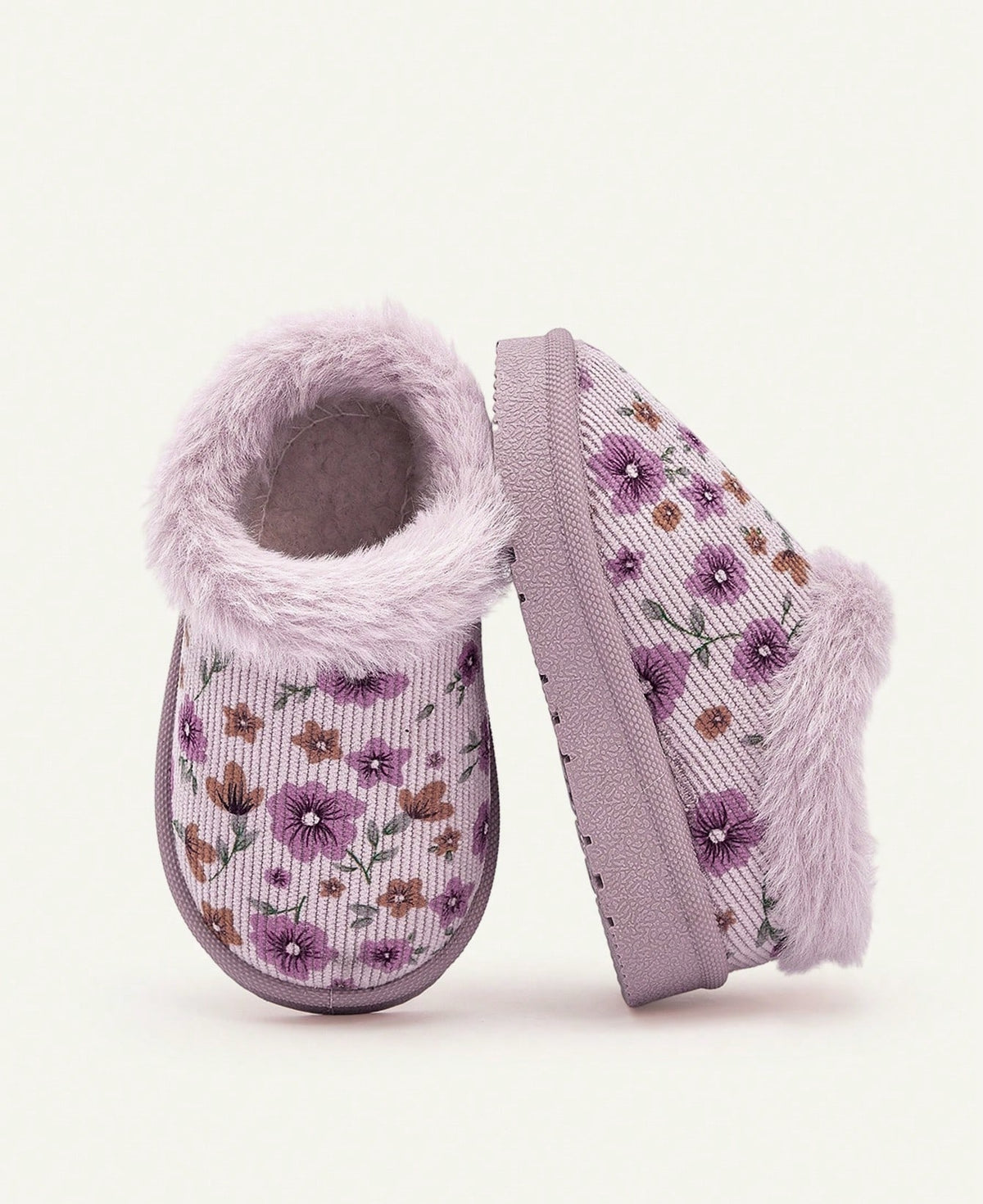 Floral slippers for girls with a plush collar, plush lining and a firm sole with tread - view 2