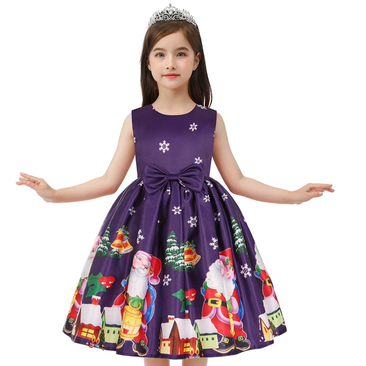 Girls' sleeveless Christmas dress with a bow and a festive print