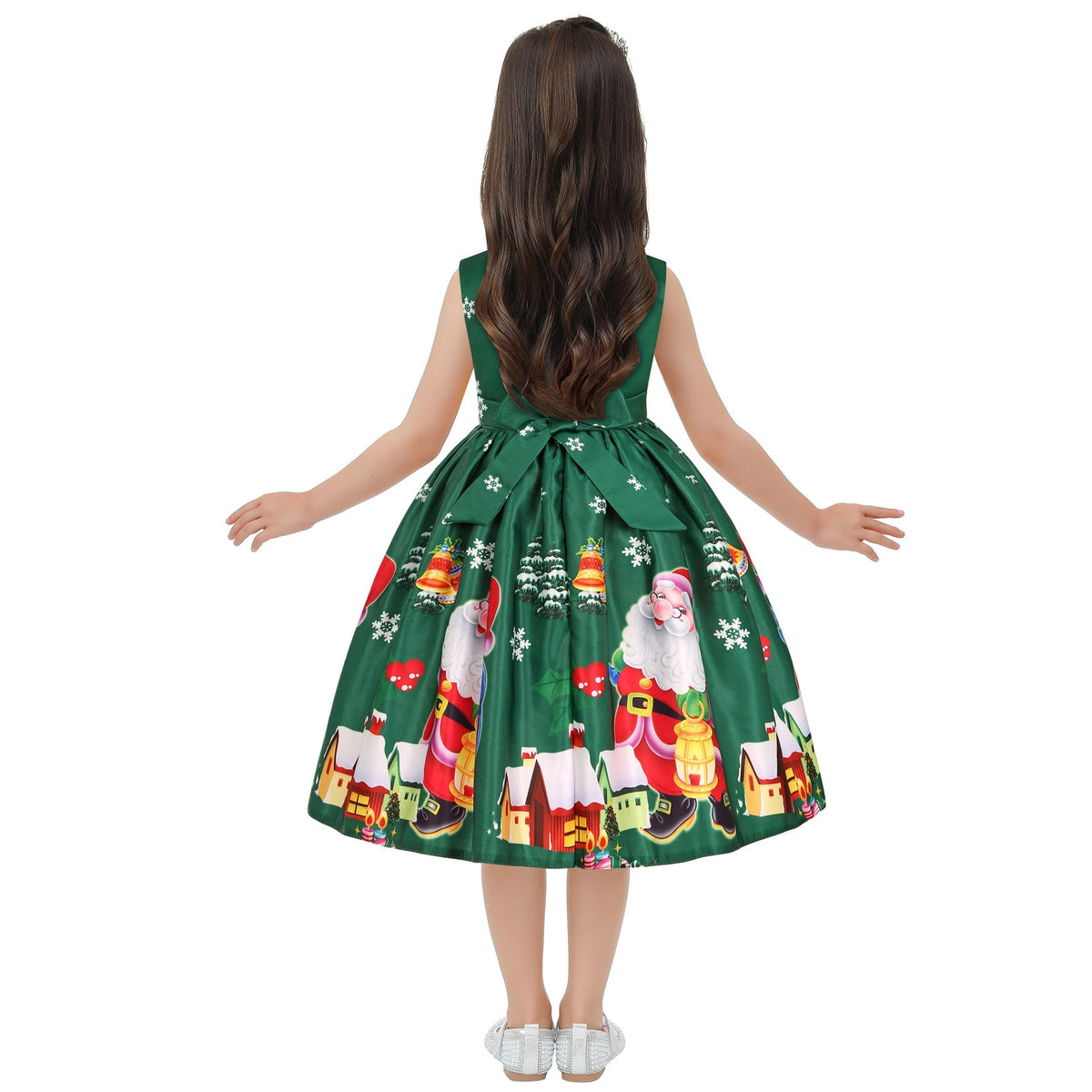 Girls' sleeveless Christmas dress with a bow and a festive print