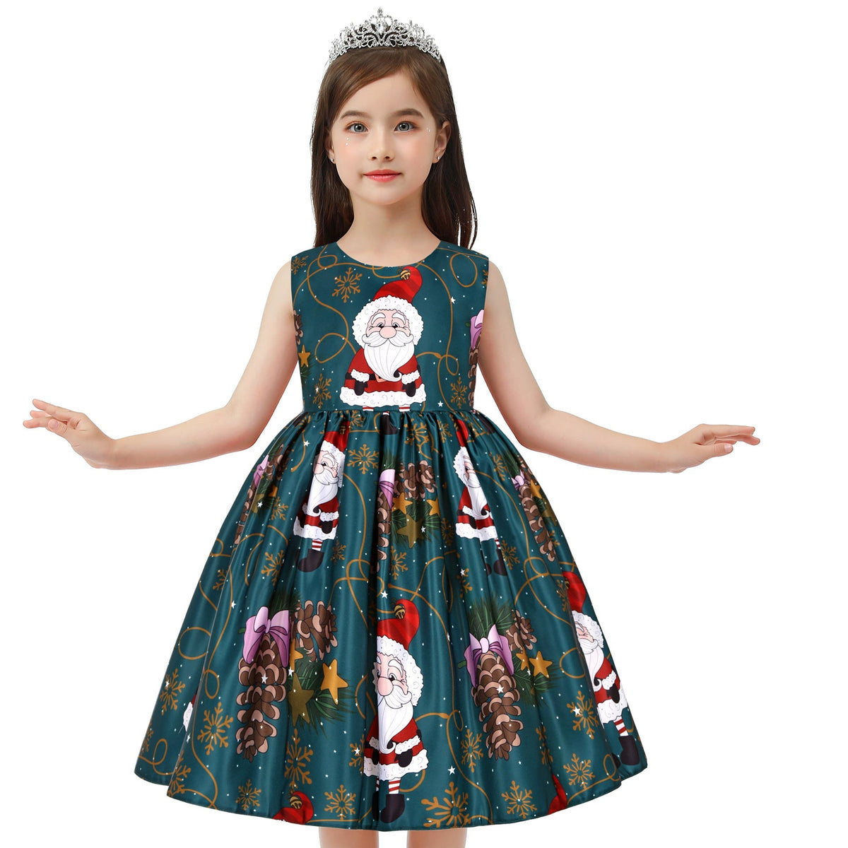 Girls' sleeveless Christmas dress with a bow and a festive print