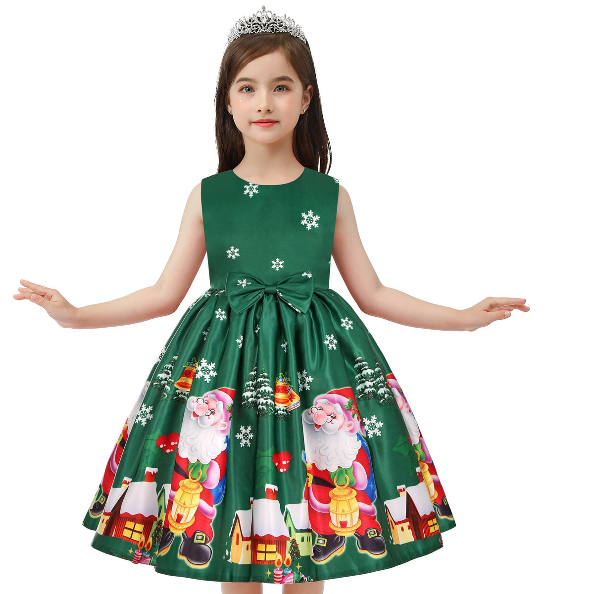 Girls' sleeveless Christmas dress with a bow and a festive print