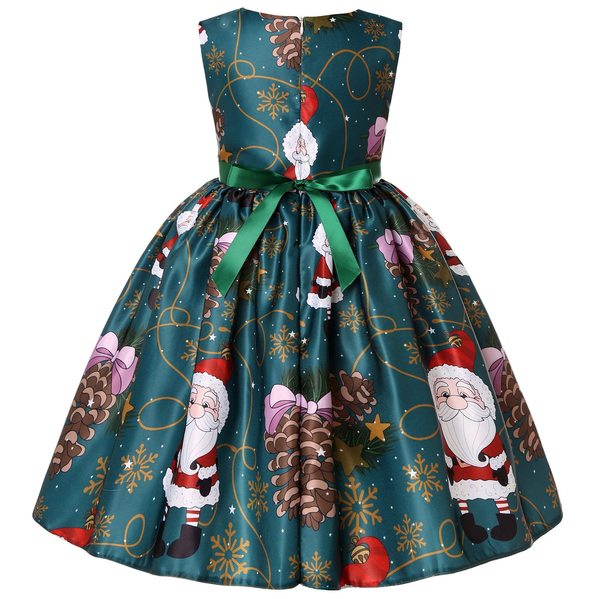 Girls' sleeveless Christmas dress with a bow and a festive print